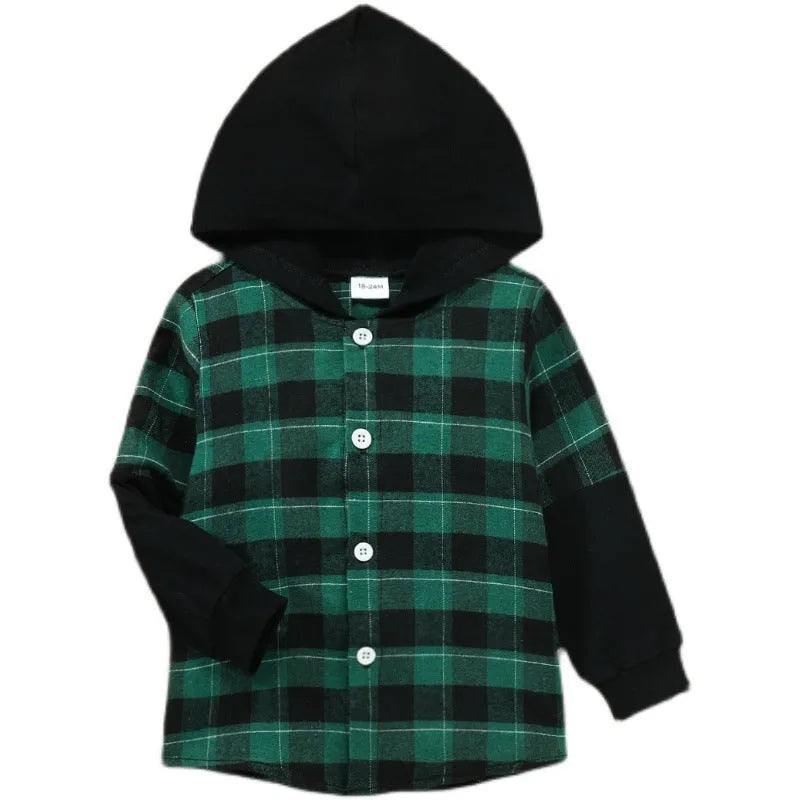 Hooded Plaid Sleeves Single Breasted Top Boys Middle Child Shirt Jacket - Enfance-Heureuse