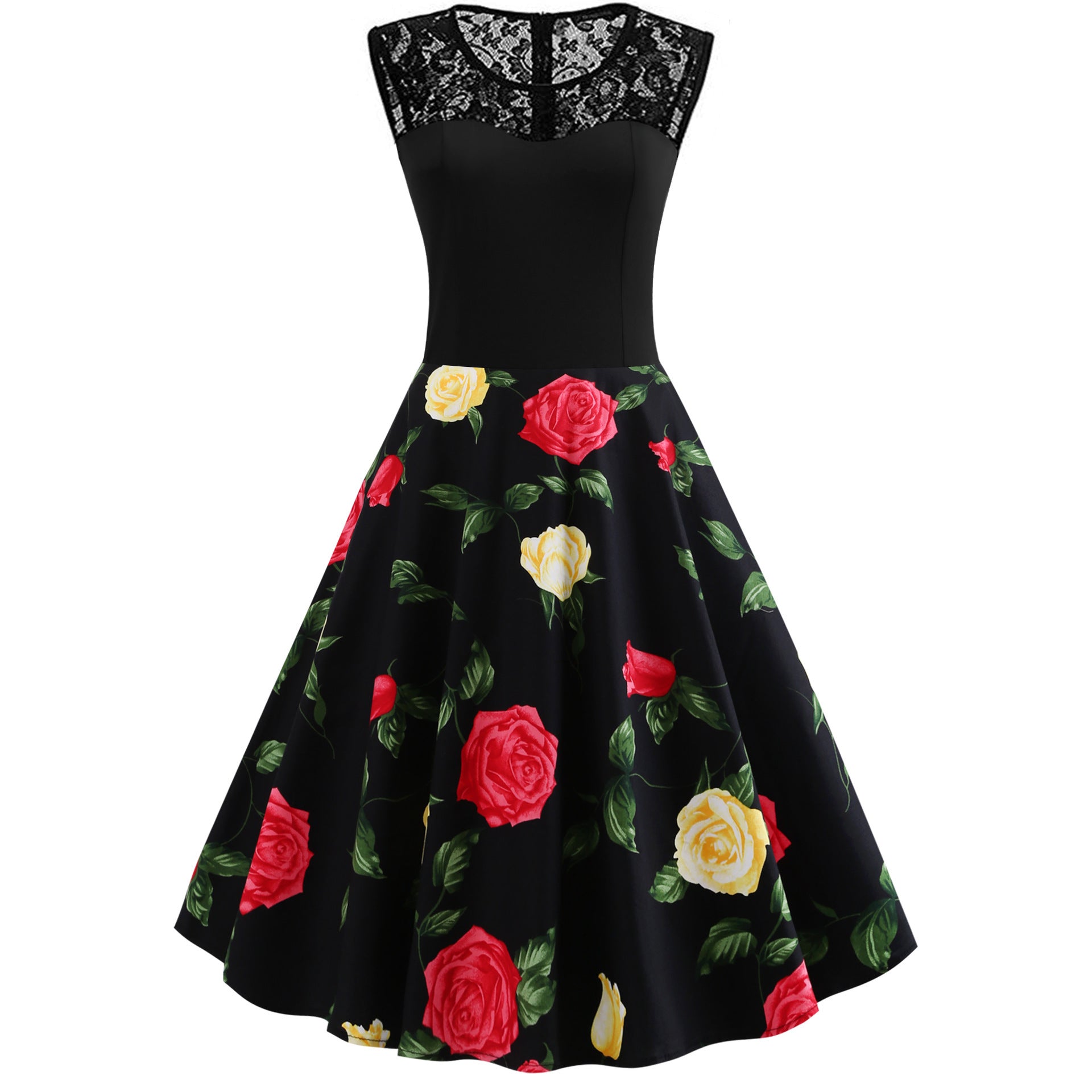 Lace Stitching Sleeveless Hot-selling Floral-print Retro Dress - Enfance-Heureuse