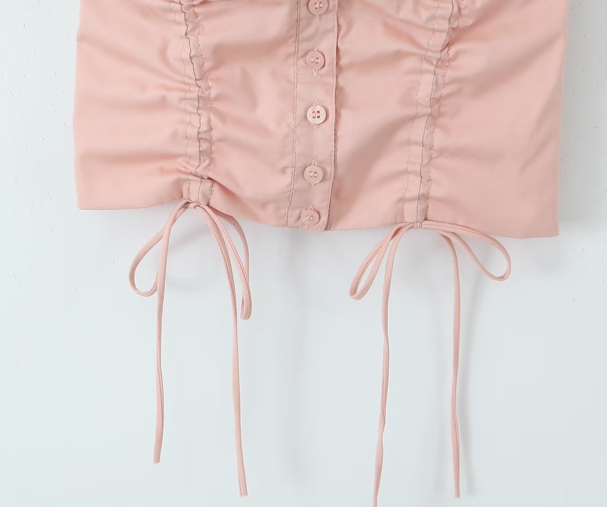 Women's Drawstring Lace Shell Button Fashionable All-match Short Top - Enfance-Heureuse