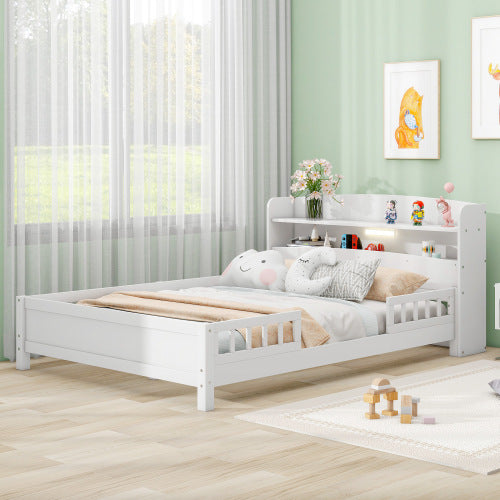 Wood Full Size Platform Bed With Built-in LED Light, Storage Headboard And Guardrail, White - Enfance-Heureuse