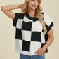Double Take Full Size Checkered Round Neck Short Sleeve Sweater - Enfance-Heureuse