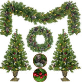 Pre-lit Xmas Tree Artificial Christmas 4-Piece Set,Garland, Wreath And Set Of 2 Entrance Trees X-mas - Enfance-Heureuse