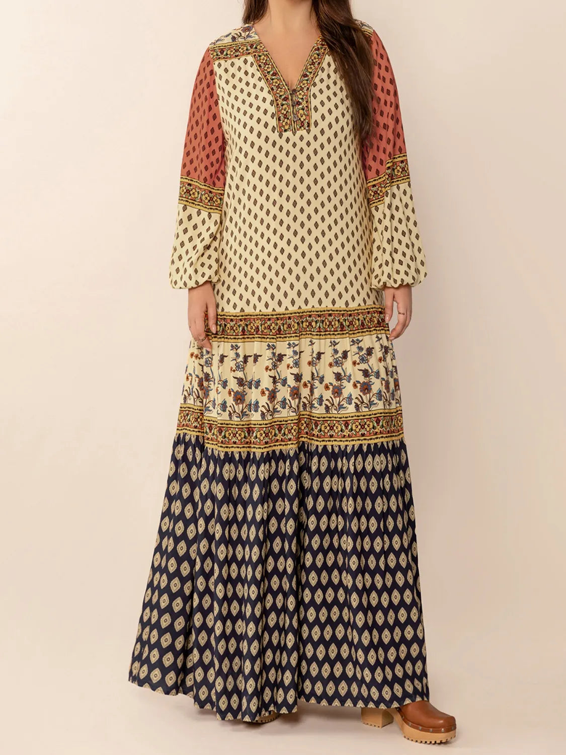 Printed V-Neck Balloon Sleeve Maxi Dress - Enfance-Heureuse