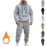 Men's Loose Sports And Leisure Suit Sweater Fleece-lined Hoodie Set Zipper Multi-Pocket Pullover Men's Sports Casual Top Two-piece Set - Enfance-Heureuse