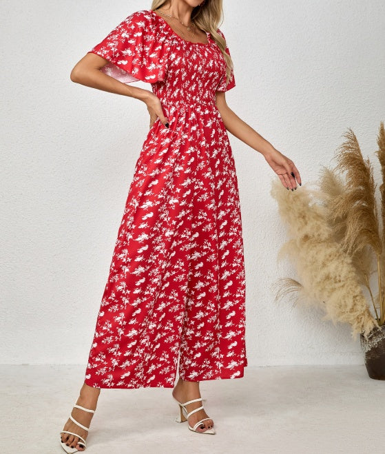 Ladies' Printed Square Neck Fashionable Loose Vacation Style Jumpsuit - Enfance-Heureuse