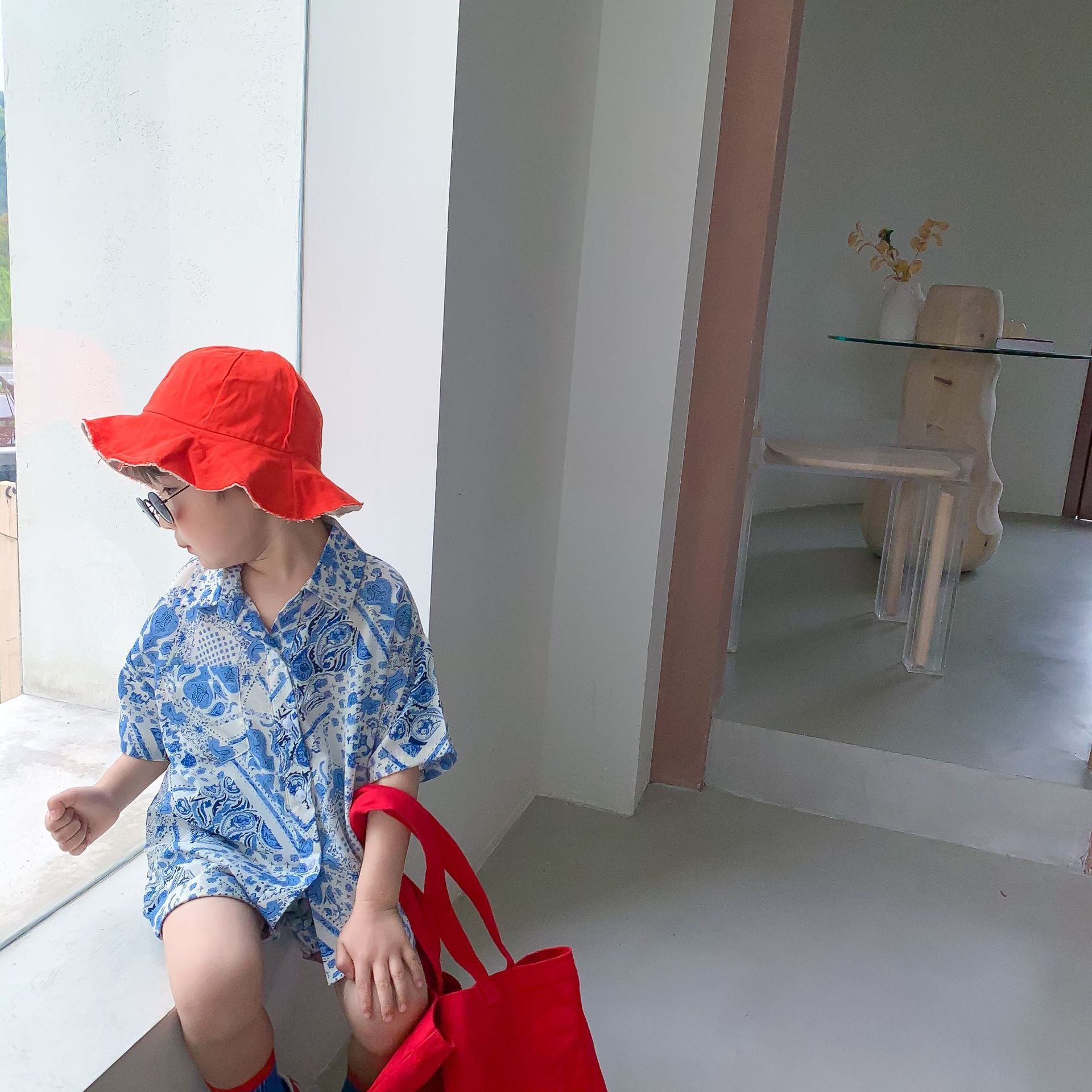 Printed Shirt Boys Vacation Style Chiffon Shirt Shorts Suit - Enfance-Heureuse