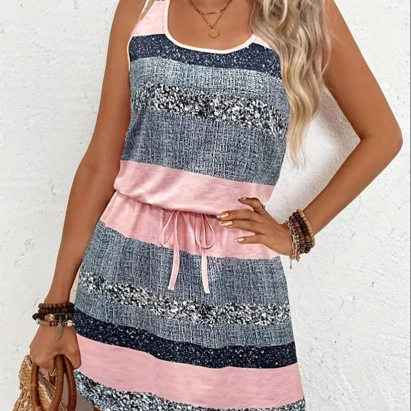 New Summer Plaid Striped Round Neck U-neck Vest Dress - Enfance-Heureuse