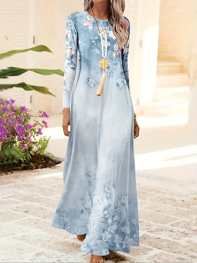 European And American Long Sleeve Artistic Retro Geometric Printed Round Neck Pullover Dress - Enfance-Heureuse