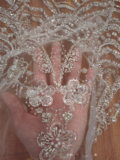 Wave Style Sequin Bead Lace Fabric Wedding Dress - Enfance-Heureuse