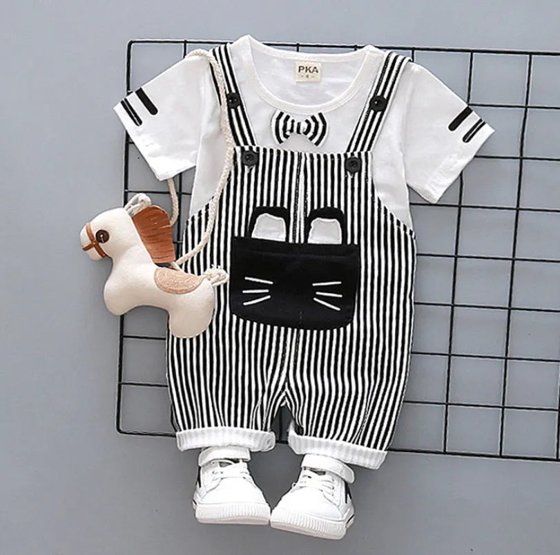 Factory direct handsome children's clothing Korean male baby cartoon strap two-piece suit cotton one generation A128 - Enfance-Heureuse