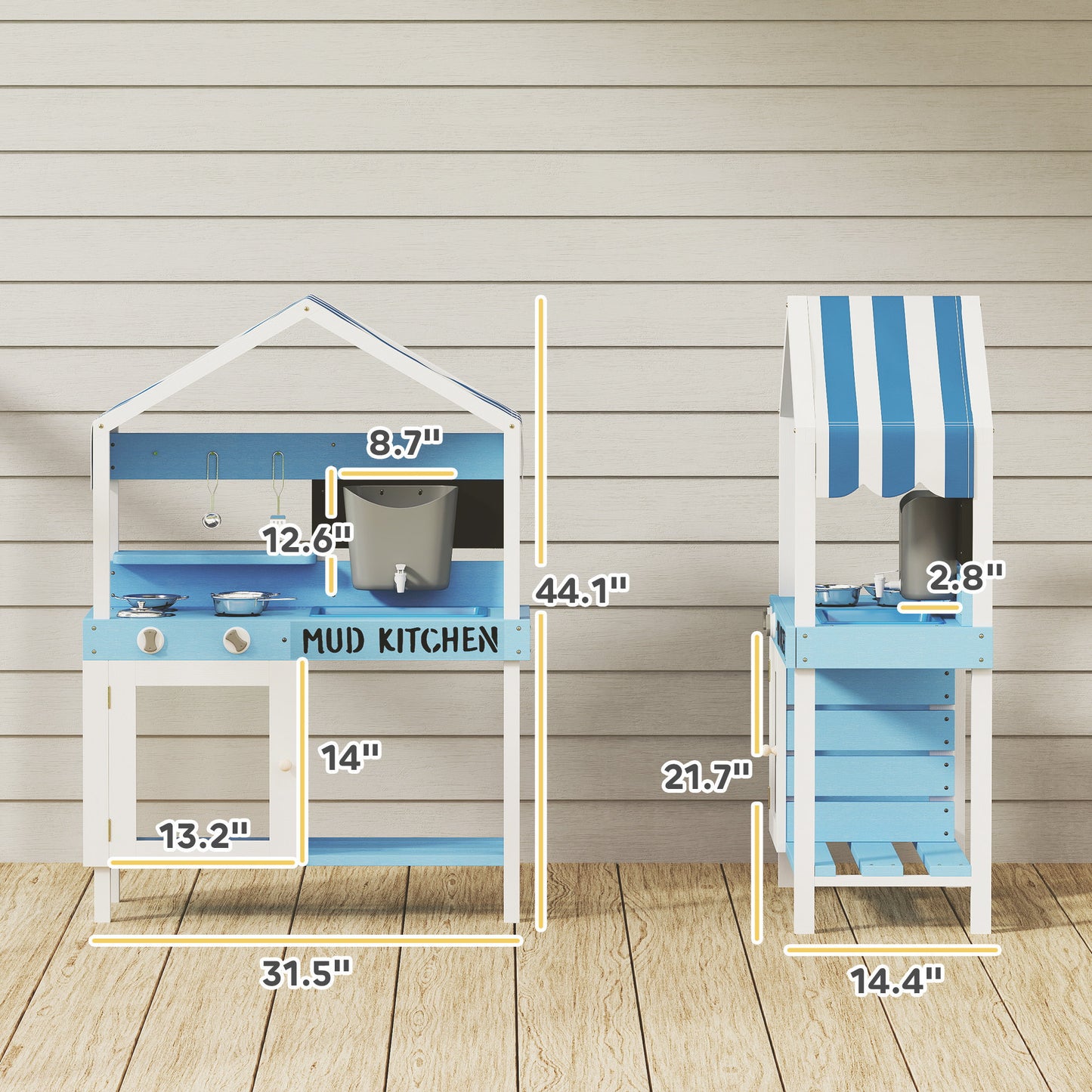 Wooden Mud Kitchen For Kids Outdoor With Sink, Faucet, Water Tank, Storage Shelves, Accessories For Boys And Girls, Blue