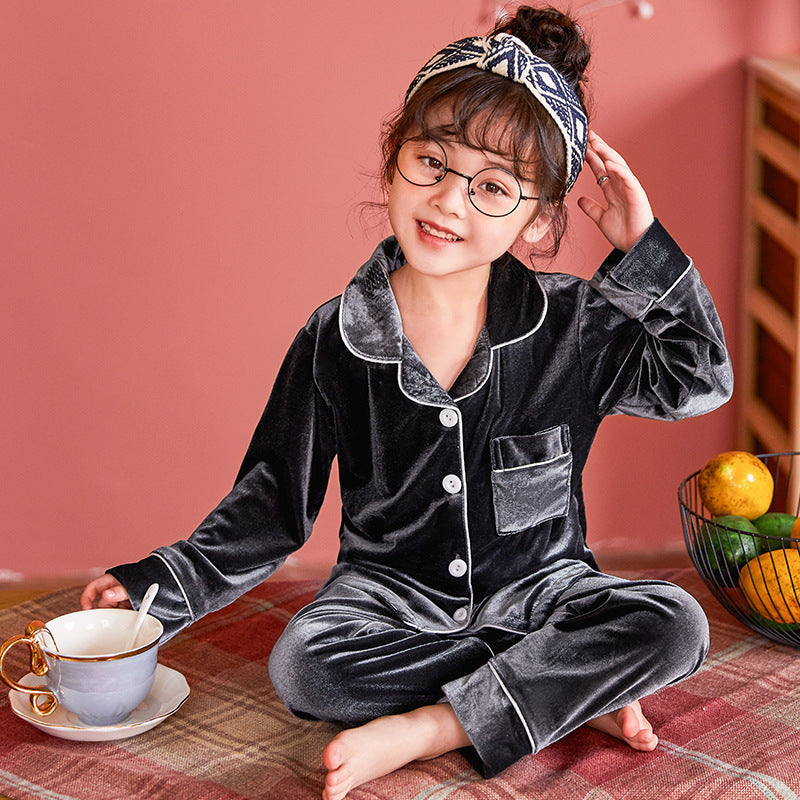 Children's Gold Velvet Solid Color Pajamas Set - Enfance-Heureuse
