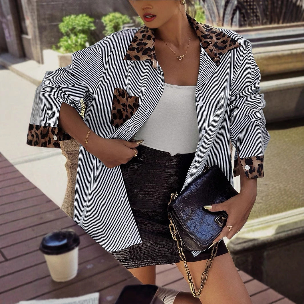 INS Leopard Striped Patchwork Shirt Fashion Casual Long-sleeved Button Lapel Top Women's Clothing - Enfance-Heureuse