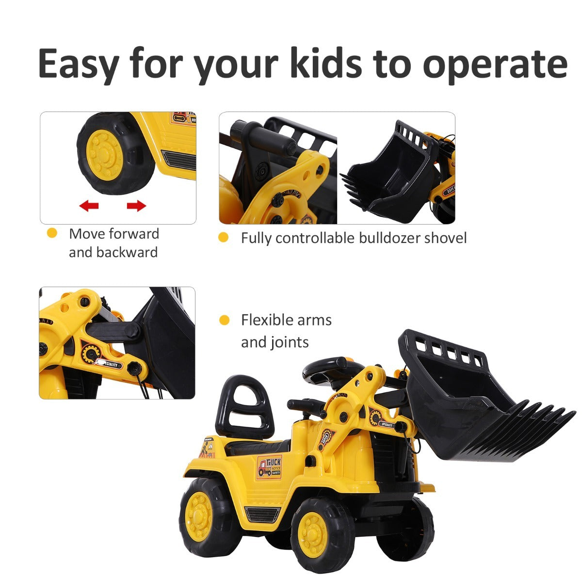 Kids Ride On Excavator Toy, Yellow Pull Cart Bulldozer With Bucket, Horn, Steering Wheel, For Toddler - Enfance-Heureuse