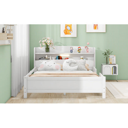 Wood Full Size Platform Bed With Built-in LED Light, Storage Headboard And Guardrail, White - Enfance-Heureuse