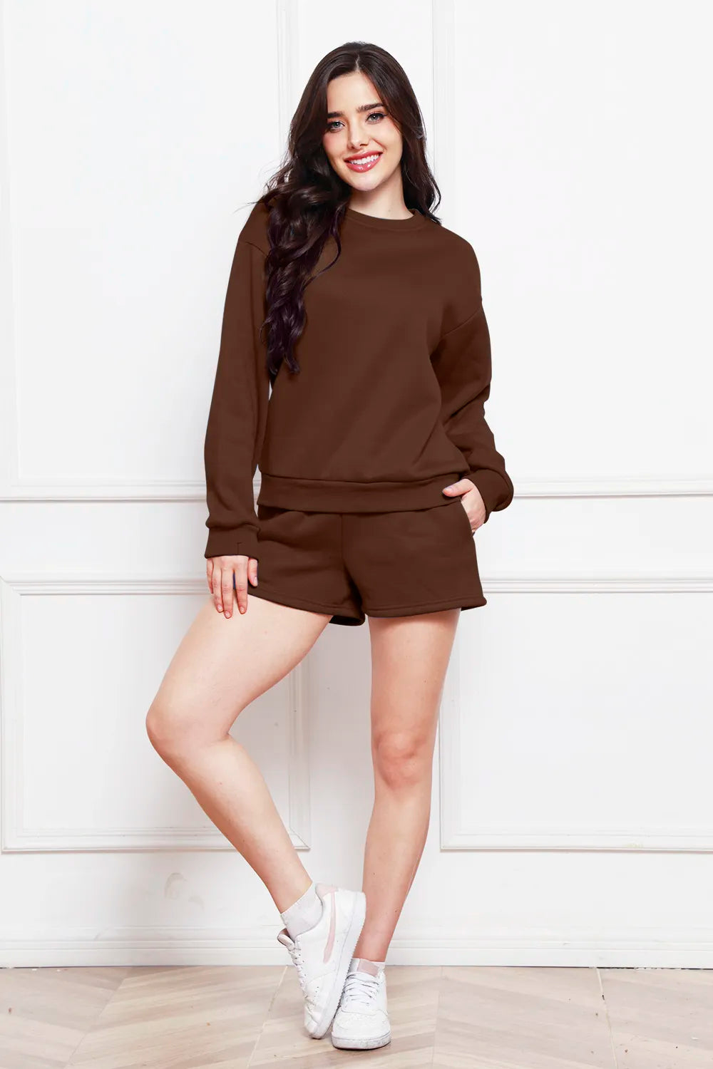 Round Neck Long Sleeve Sweatshirt and Drawstring Shorts Set - Enfance-Heureuse