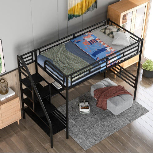 Metal Loft Bed Frame With Desk, No Box Spring Needed,Twin ,Black - Enfance-Heureuse