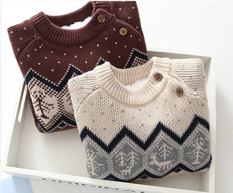 Boys and girls plus velvet thick retro knitted sweater - Enfance-Heureuse