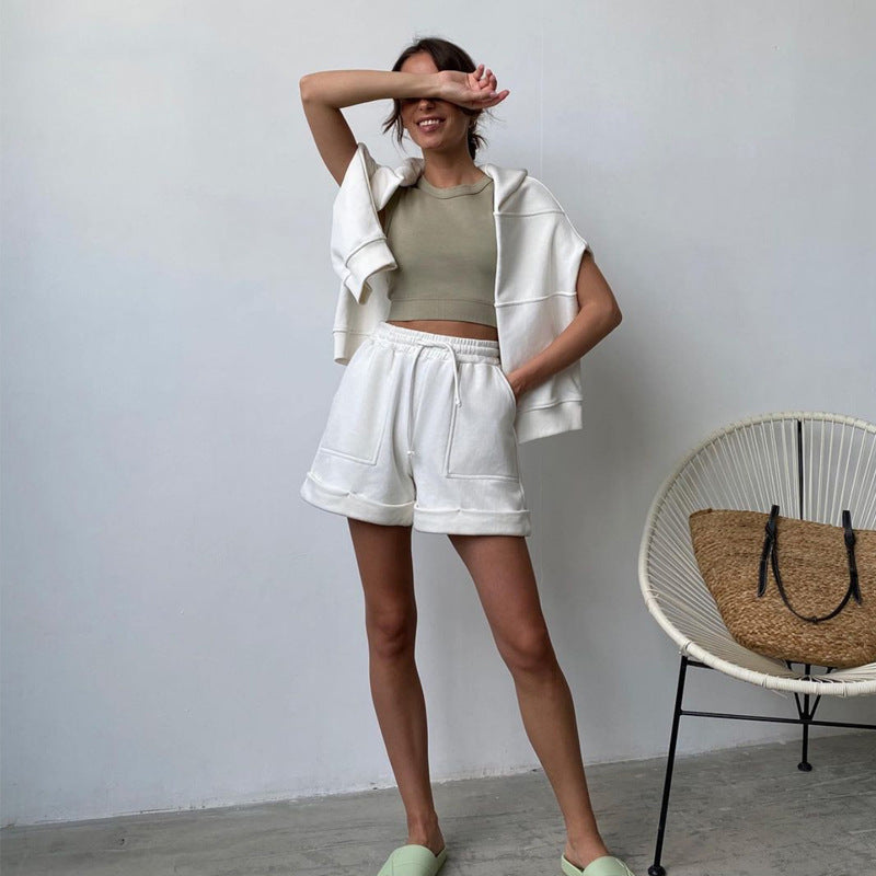 Women's Fashion Casual Solid Color Round Neck Long Sleeve Sweater Shorts Set - Enfance-Heureuse