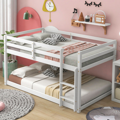 Twin Over Twin Floor Bunk Bed, White - Enfance-Heureuse