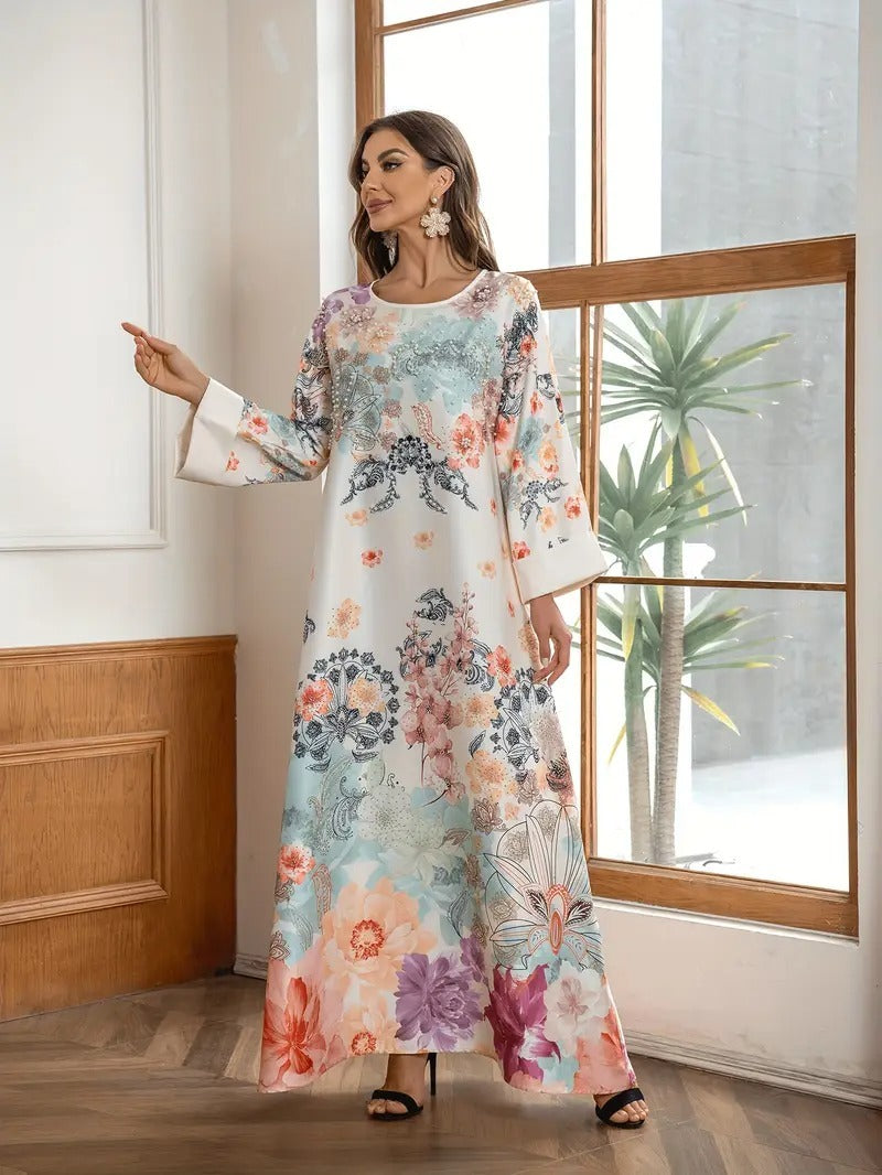 Robe caftan longue élégante à imprimé floral
