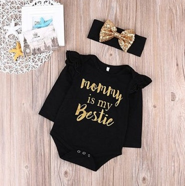 English Letter Baby One-piece 2pcs Set Head Scarf Hip-hop Style Suit - Enfance-Heureuse