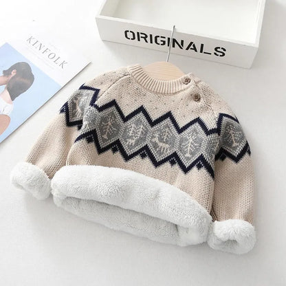 Boys and girls plus velvet thick retro knitted sweater - Enfance-Heureuse