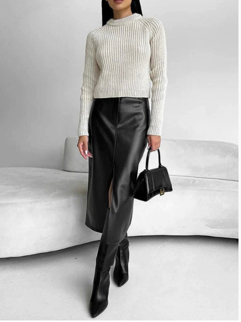 Autumn And Winter European And American Retro Leather Leather Skirt Split Skirt - Enfance-Heureuse