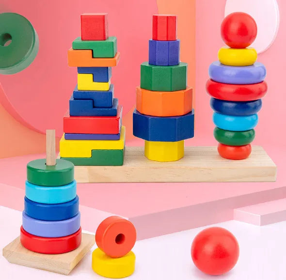 Three pillar intelligence tower wooden educational toy - Enfance-Heureuse