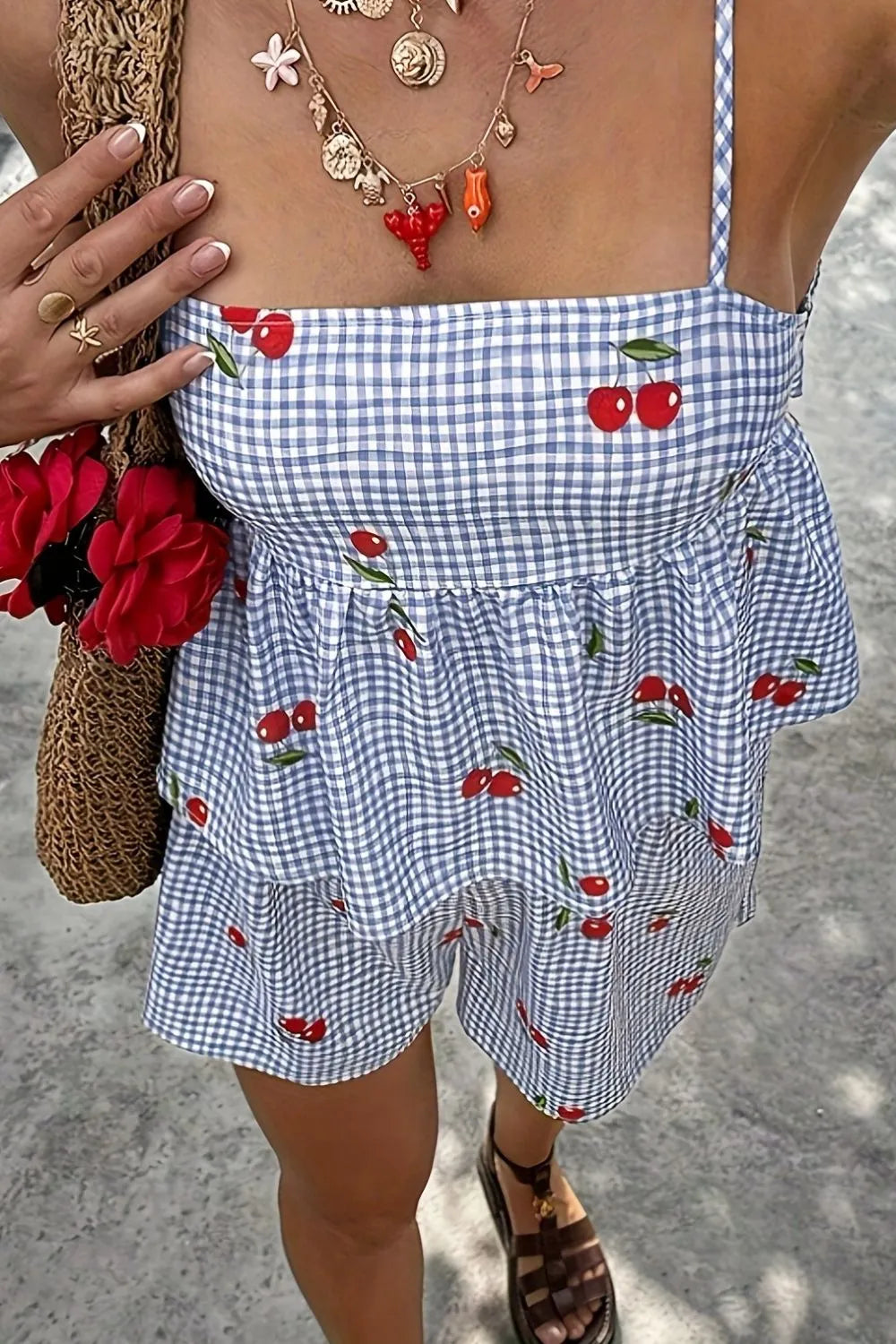 Floral Gingham Print Cami and Shorts Two-Piece Set - Enfance-Heureuse