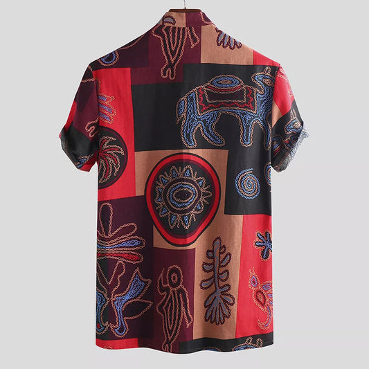 European And American Fashion Totem Print Shirt Large Size Collar Short Sleeve Top - Enfance-Heureuse