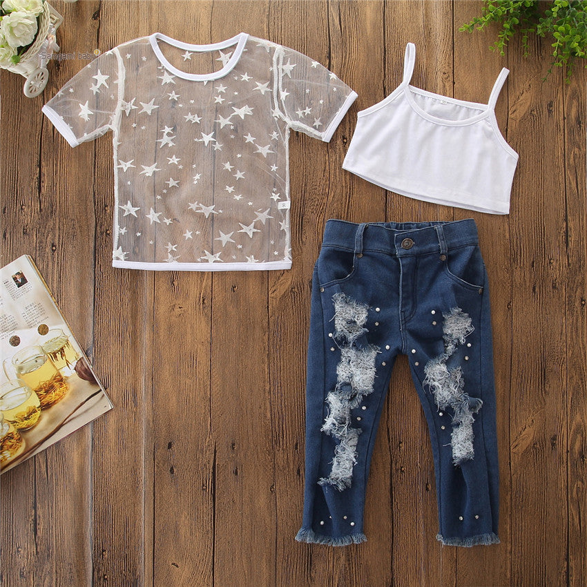 Toddler Kids Girls Short Sleeve Star T-shirt Tops Hole Denim pants pearl Jeans 2PCS Clothing Set - Enfance-Heureuse