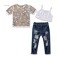 Toddler Kids Girls Short Sleeve Star T-shirt Tops Hole Denim pants pearl Jeans 2PCS Clothing Set - Enfance-Heureuse