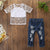 Toddler Kids Girls Short Sleeve Star T-shirt Tops Hole Denim pants pearl Jeans 2PCS Clothing Set - Enfance-Heureuse