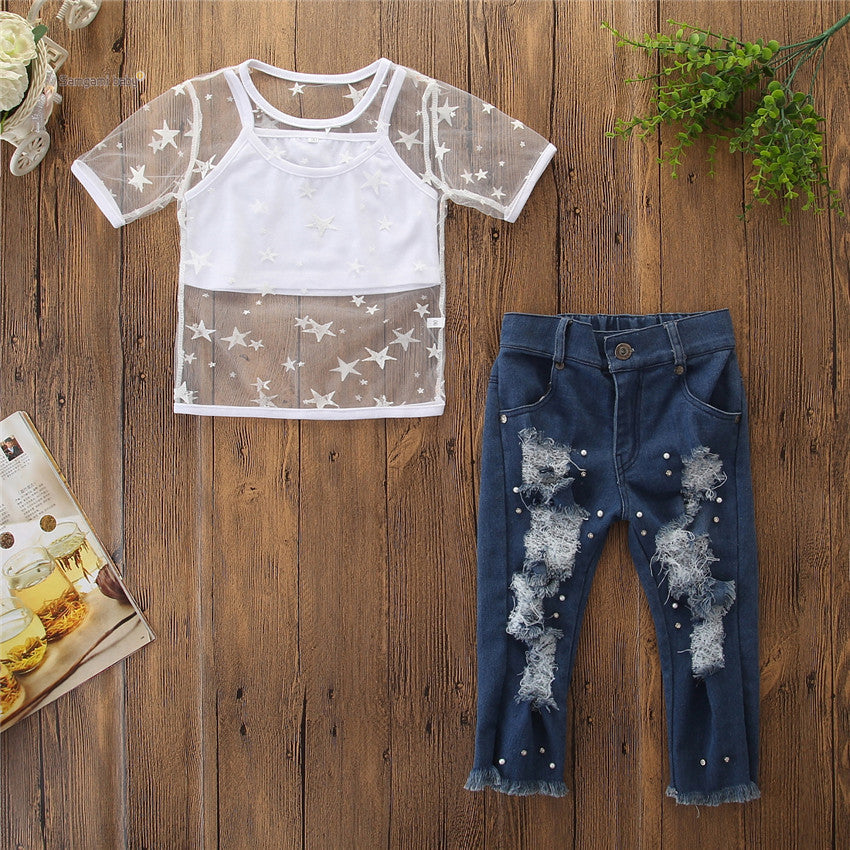 Toddler Kids Girls Short Sleeve Star T-shirt Tops Hole Denim pants pearl Jeans 2PCS Clothing Set - Enfance-Heureuse