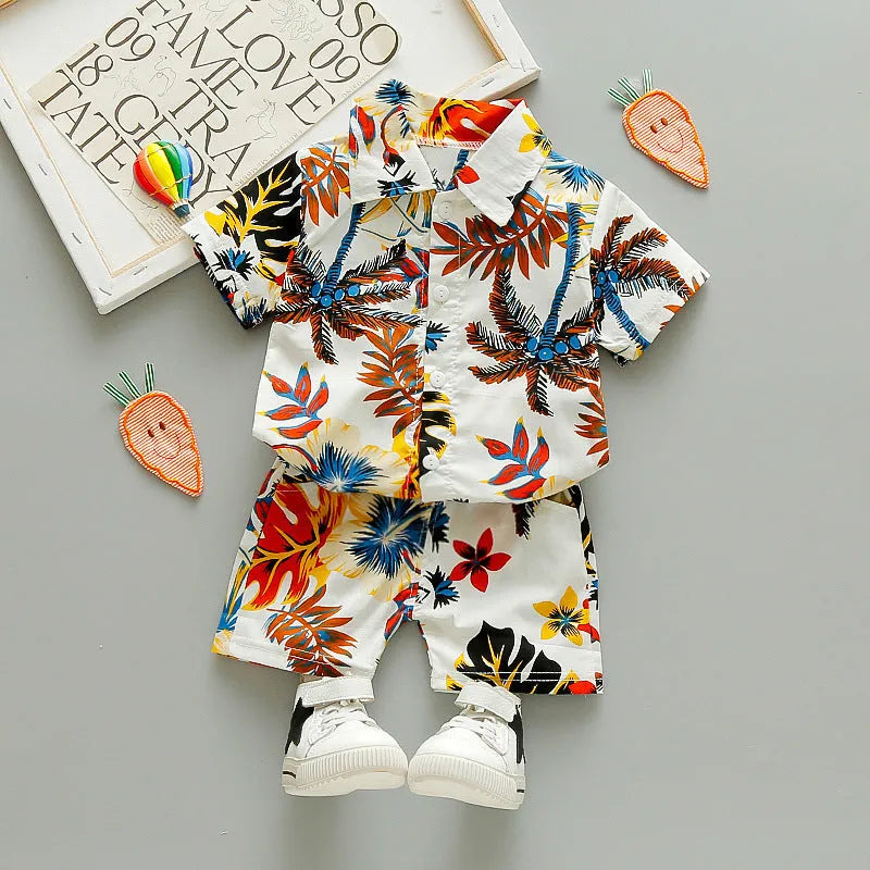 New children's Holiday Style short-sleeved Floral Shirt Suit Cardigan Beach Shorts Two-Piece Suit - Enfance-Heureuse
