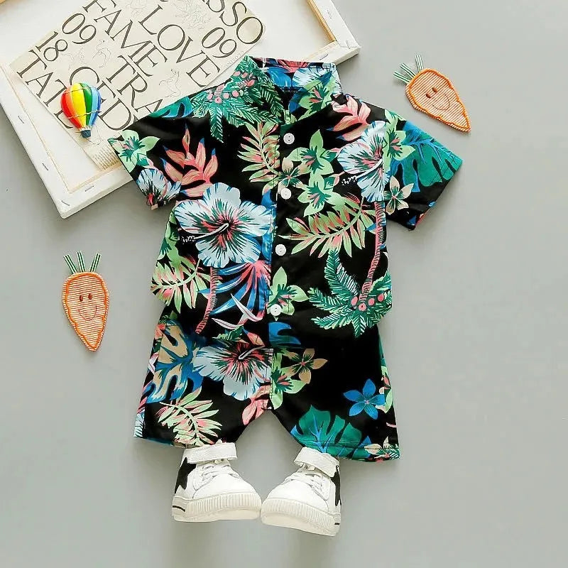 New children's Holiday Style short-sleeved Floral Shirt Suit Cardigan Beach Shorts Two-Piece Suit - Enfance-Heureuse