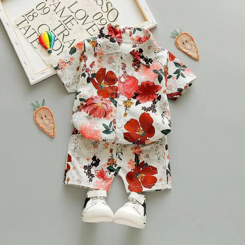 New children's Holiday Style short-sleeved Floral Shirt Suit Cardigan Beach Shorts Two-Piece Suit - Enfance-Heureuse