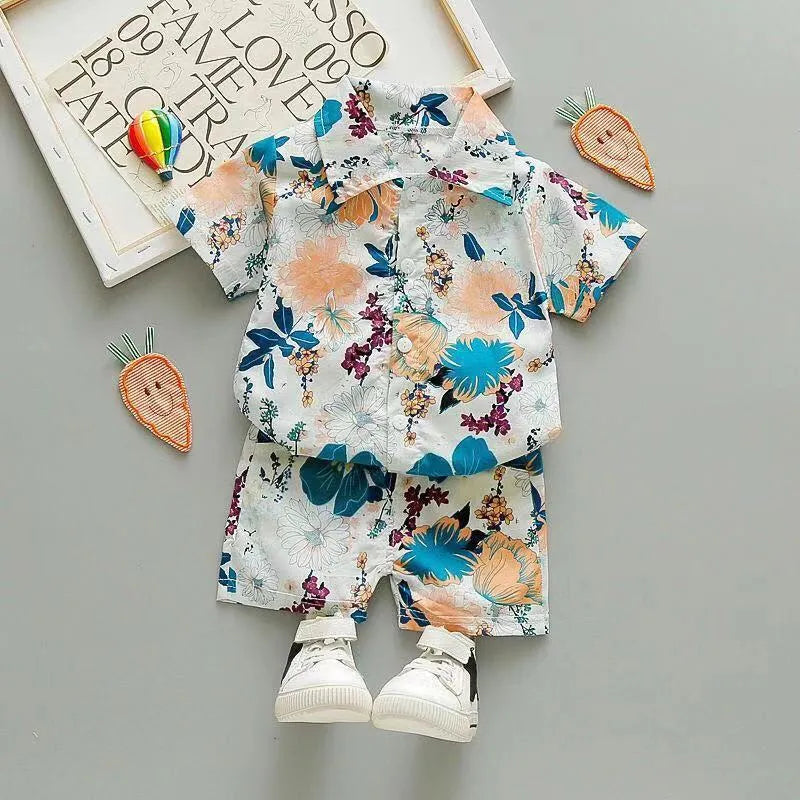 New children's Holiday Style short-sleeved Floral Shirt Suit Cardigan Beach Shorts Two-Piece Suit - Enfance-Heureuse