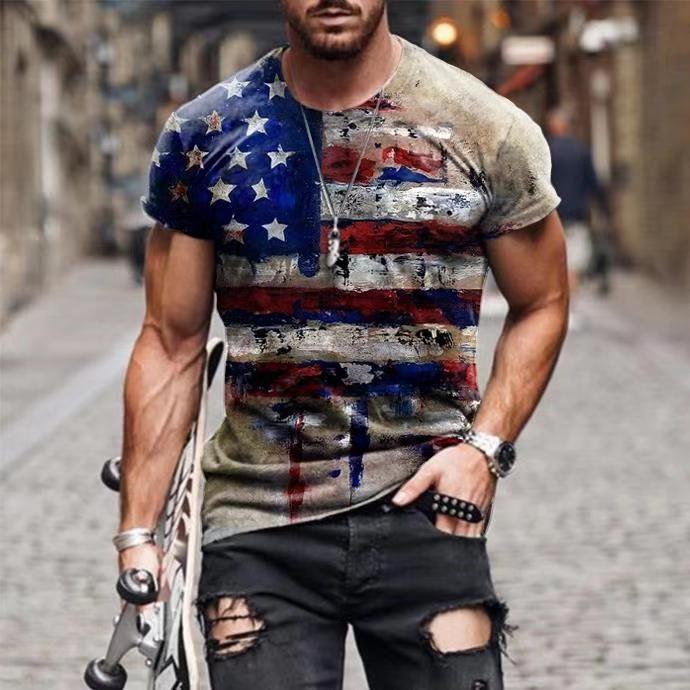 Vintage USA Flag Print O-Neck T Shirt Mens Summer Slim Short Sleeve Tees Pullover Casual Men Clothes Fashion Streetwear 3XL - Enfance-Heureuse