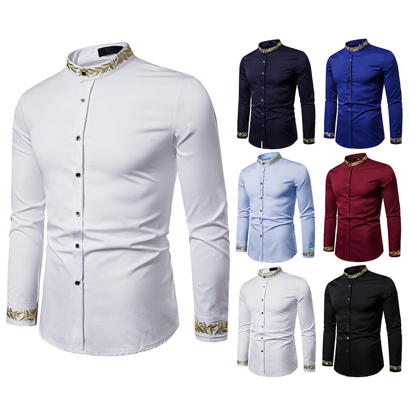 Gold Embroidery White Shirt Men Brand New Stand Collar Mens Dress Shirts Casual Slim Long Sleeve Chemise Homme Camisa Masculina - Enfance-Heureuse