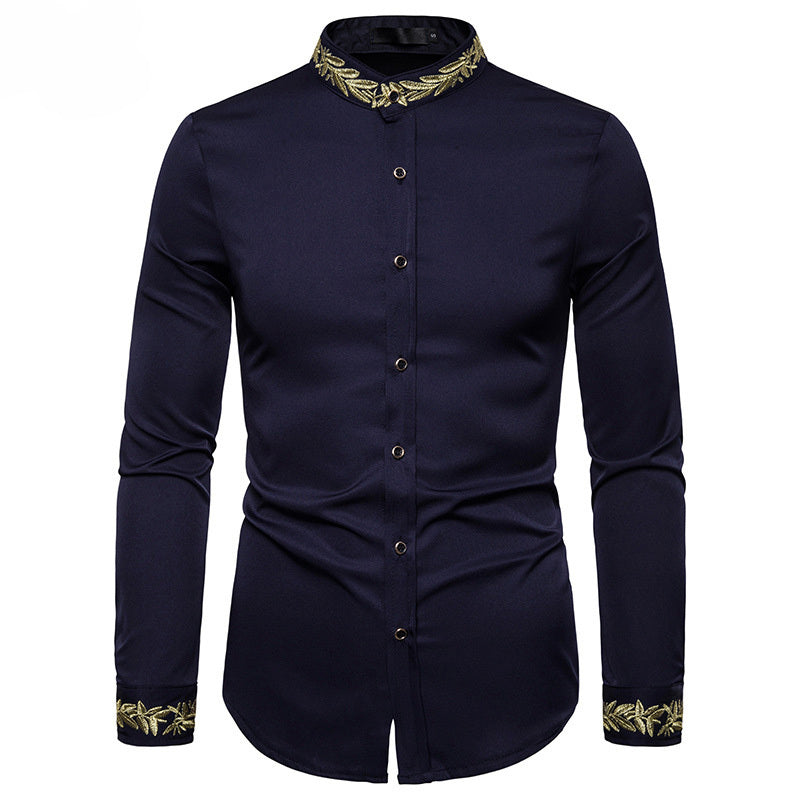 Gold Embroidery White Shirt Men Brand New Stand Collar Mens Dress Shirts Casual Slim Long Sleeve Chemise Homme Camisa Masculina - Enfance-Heureuse