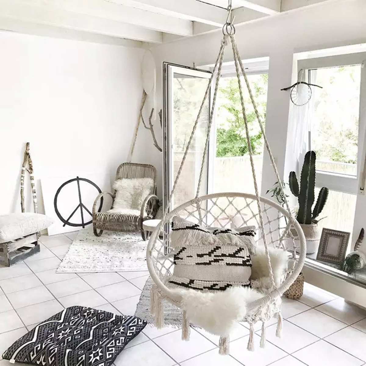 Nordic Style Round Hammock Outdoor Indoor Dormitory Bedroom Hanging Chair For Child Adult Swinging Single Safety Hammock - Enfance-Heureuse