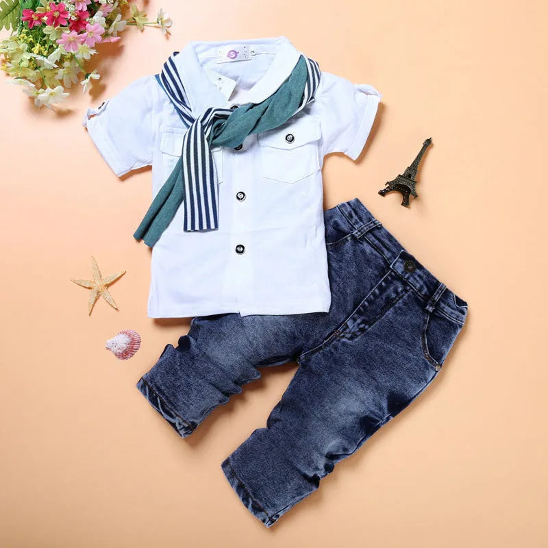 Trois-Pièce Garçon À Manches Courtes T-Shirt Denim Pantalon Et Écharpe - Enfance-Heureuse