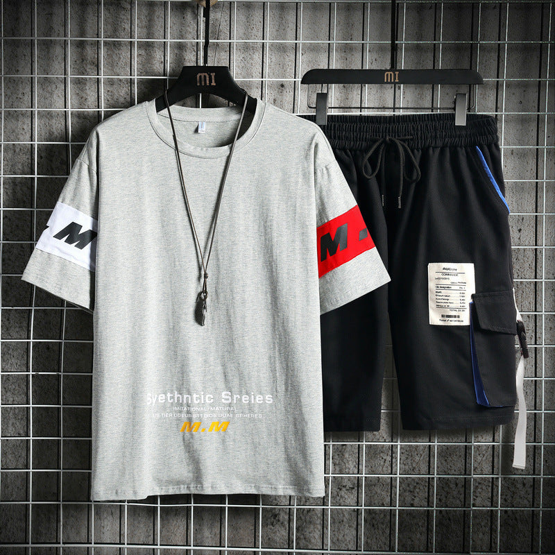 Summer Men's Sets Track Suit Mens Casual Loose Short-sleeved T-shirt Shorts 2-piece Sets Cotton Print Large Size - Enfance-Heureuse