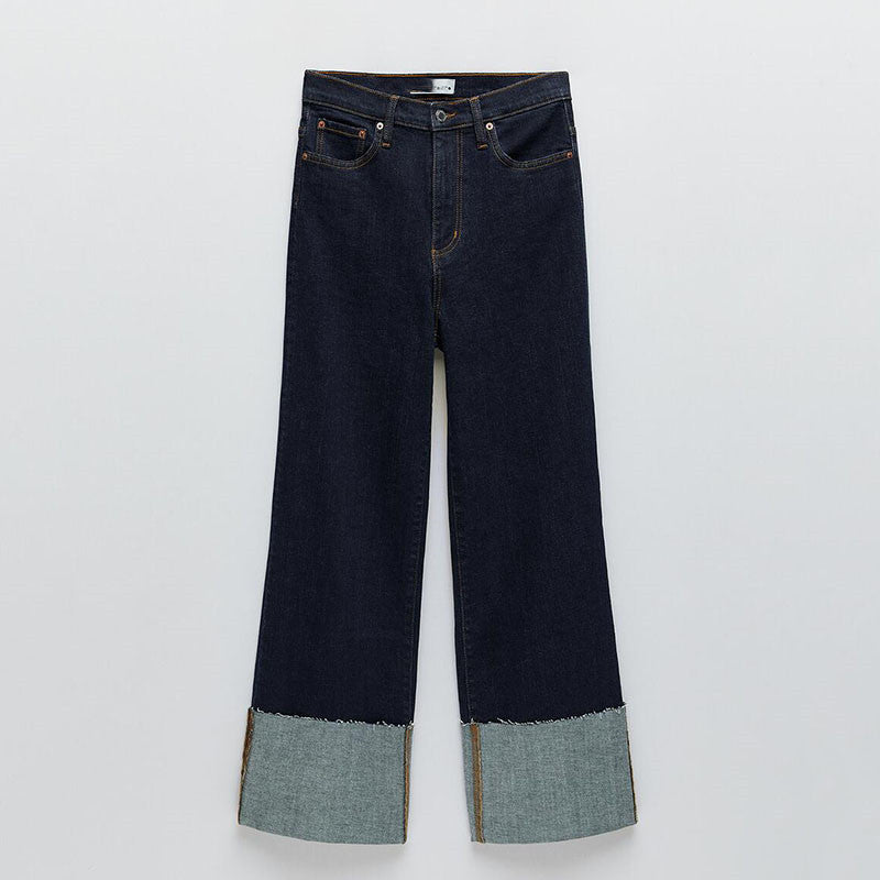 Casual High-rise Rolled-up Wide-leg Jeans - Enfance-Heureuse