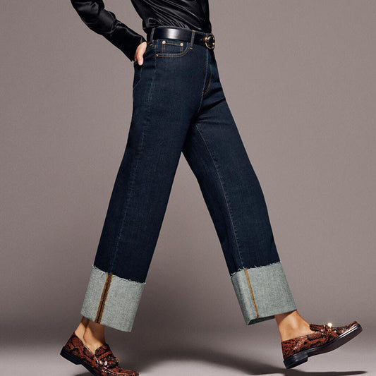 Casual High-rise Rolled-up Wide-leg Jeans - Enfance-Heureuse