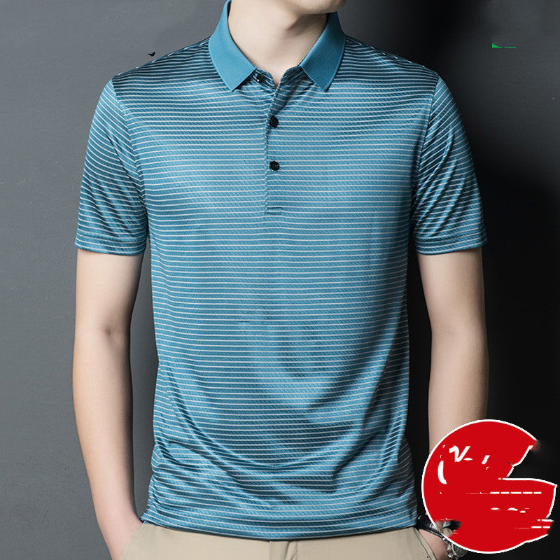 Woodpecker Silk Short-sleeved T-shirt Men Silk 40 Years Old 50 Dad Packed Middle-aged Mens Ice Silk Striped Loose - Enfance-Heureuse