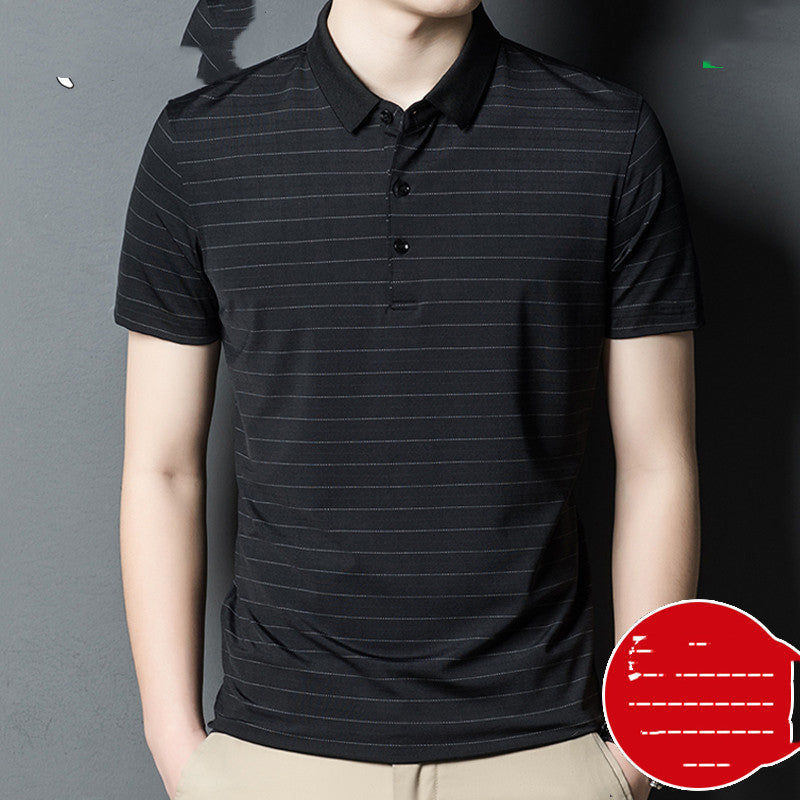 Woodpecker Silk Short-sleeved T-shirt Men Silk 40 Years Old 50 Dad Packed Middle-aged Mens Ice Silk Striped Loose - Enfance-Heureuse