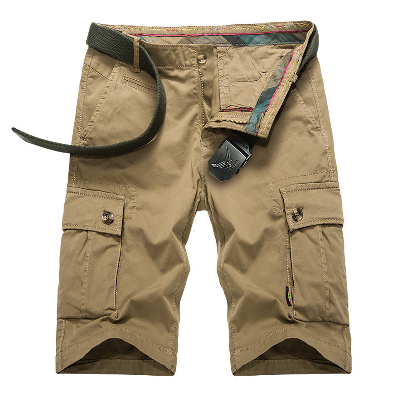 Mens Outdoor Big Pockets Solid Color Knee Length Cargo Pants Casual Cotton Beach Shorts - Enfance-Heureuse